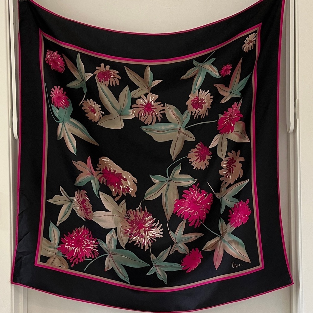 Vintage Vera Neumann Silk Scarf Black Pink Floral Square